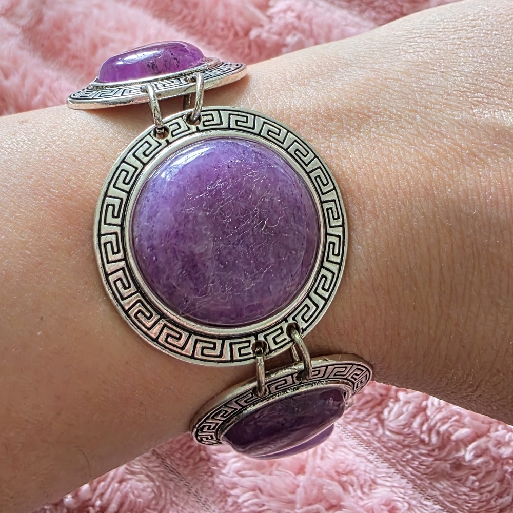TRIVENI Statement Bracelet | Purple Stone & Silver-Tone Greek Key Design | Boho